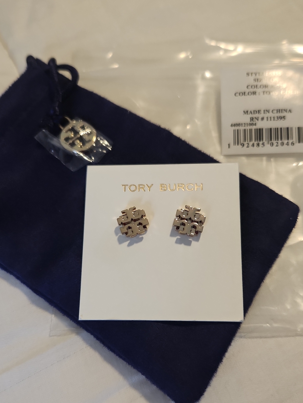 Tory Burch Gold Logo Stud Earrings with Purple Pouch